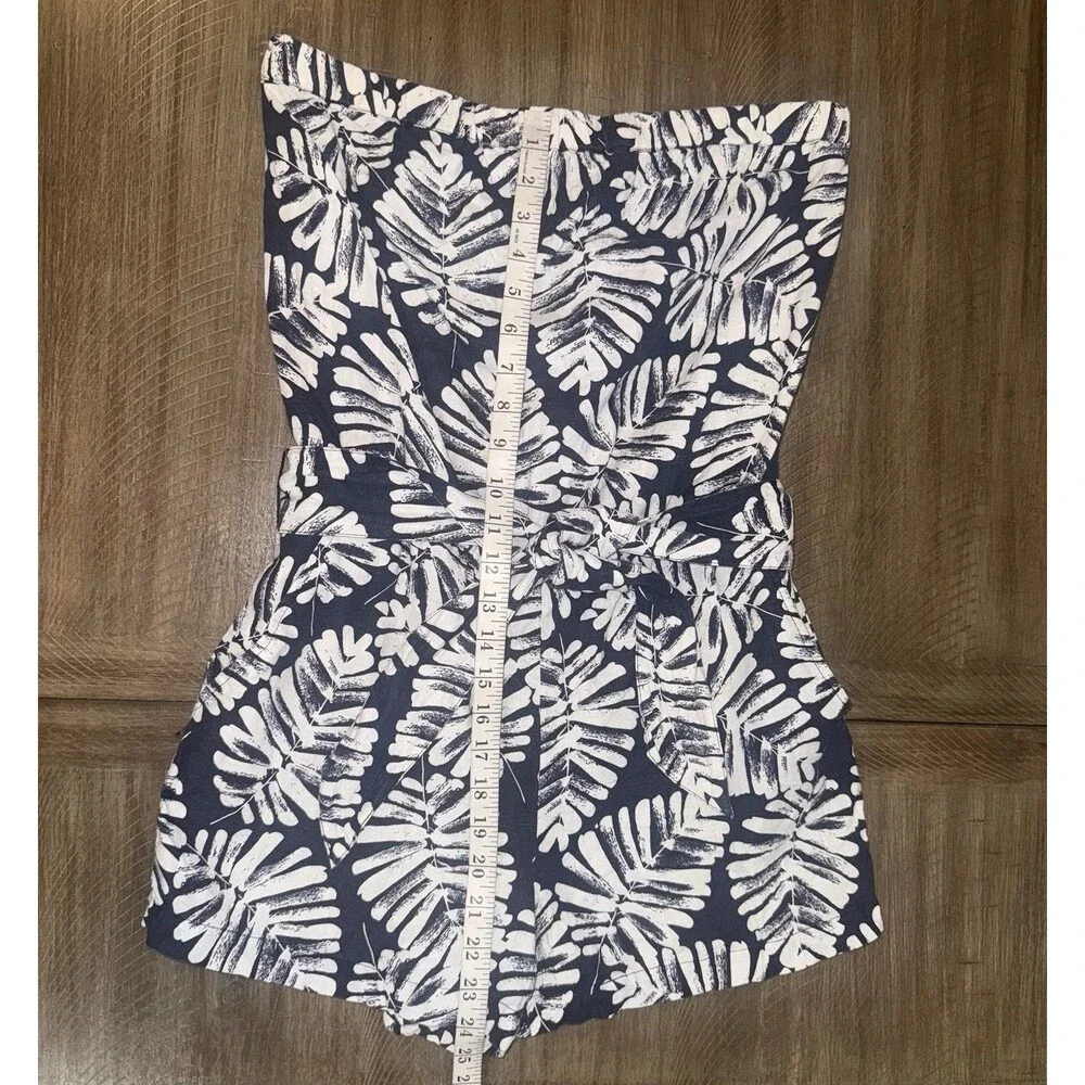 Banana Republic Blue White Palm Leaf Print 100% Linen Tie Waist Romper Size 6